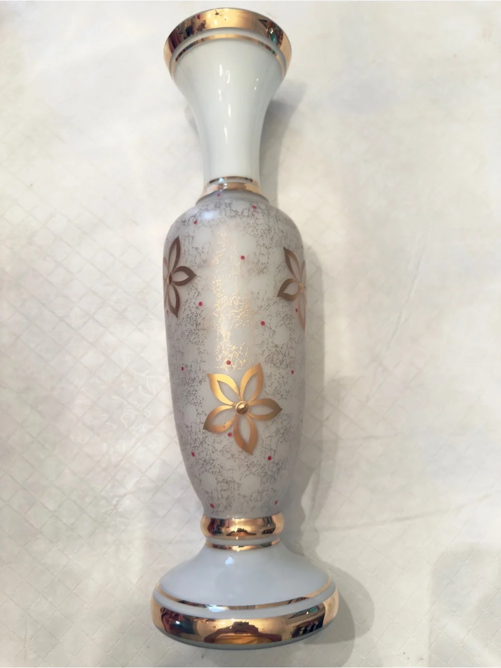 White opaline/milk glass gilded (gold) flower speckled gold stippling red dots